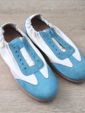 Lara Manni Leather Suede Ballet White and Light Blue Slip-On Sneakers